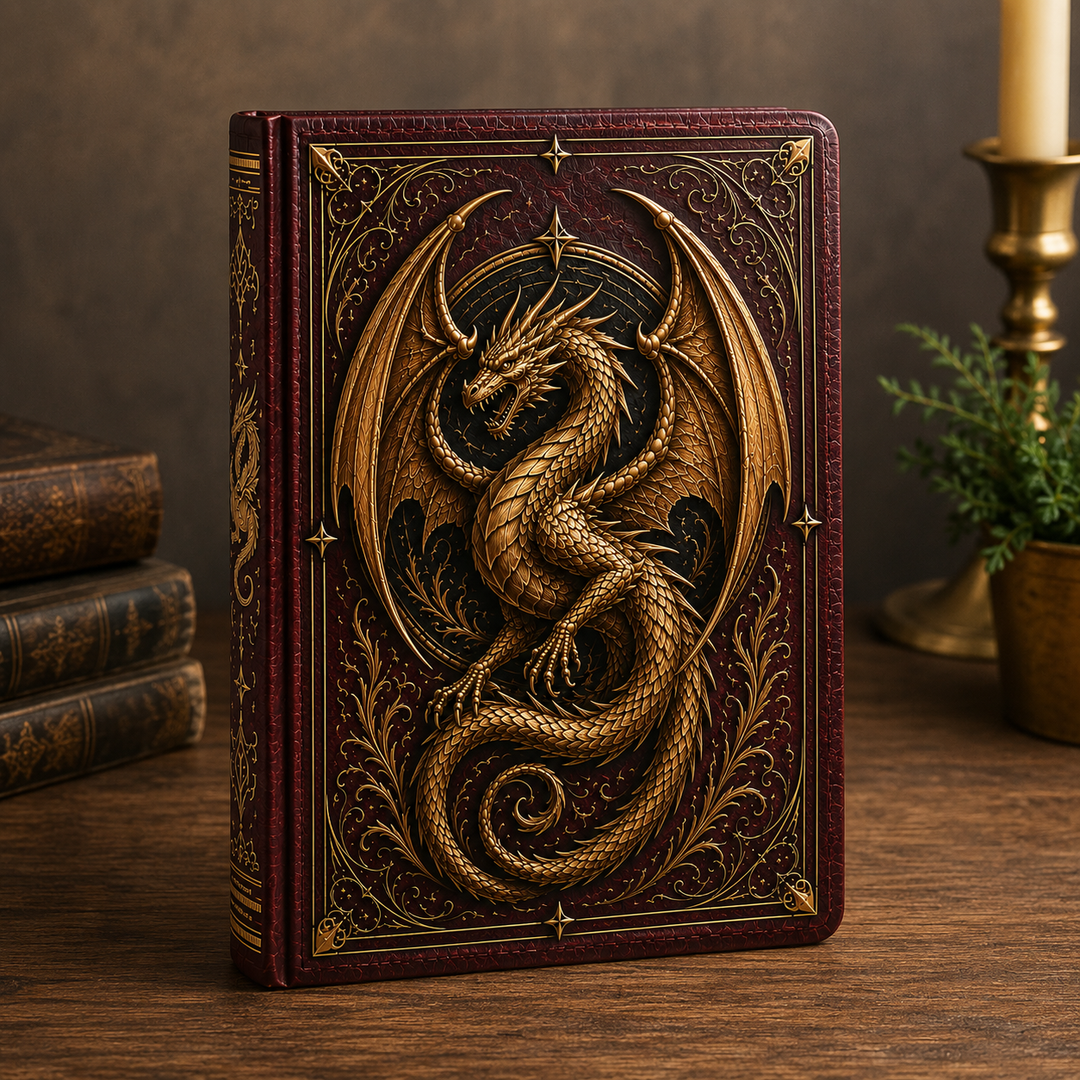 Cuaderno coleccionable de dragón en cuero sintético, perfecto para journaling y magia.