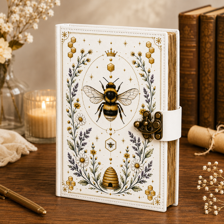 Diario botánico de abeja reina con cubierta mística, cierre metálico vintage y hojas de papel marfil para escritura.