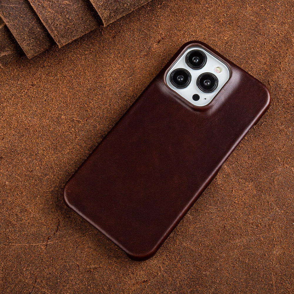 Funda de cuero genuino premium para iPhone, protección total contra golpes y arañazos.