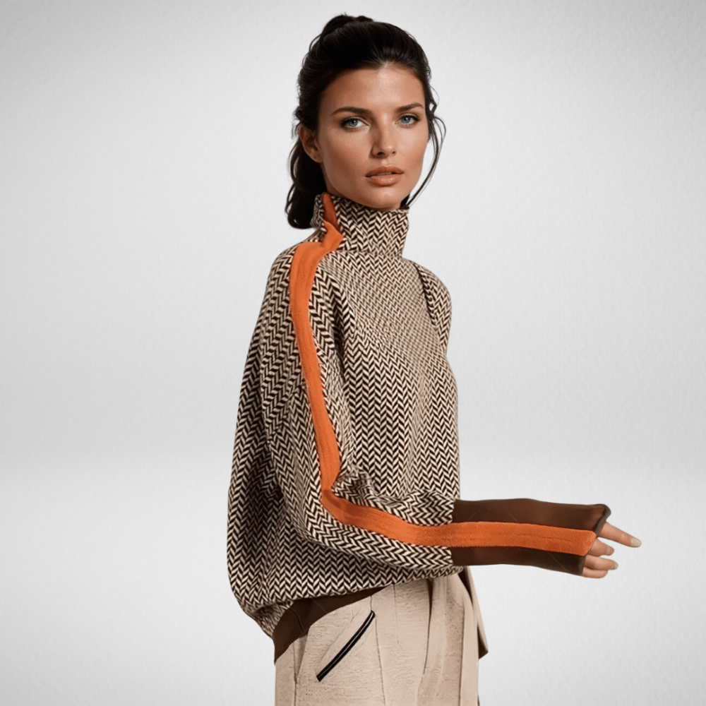 Jersey mujer moderno cuello alto con patrón texturizado y detalle contraste, ideal moda otoño invierno.
