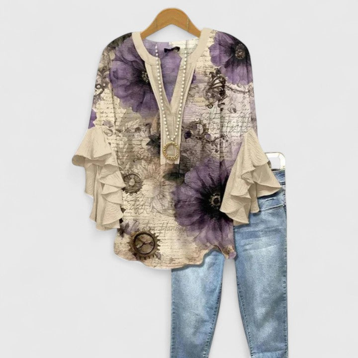 Blusa bohemia floral para mujer, mangas acampanadas. Estilo primavera-verano, elegante y cómoda. Moda femenina.