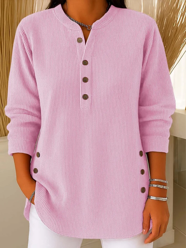 Jersey de mujer cómodo de algodón para verano, con textura acanalada y botones elegantes, estilo casual-chic.
