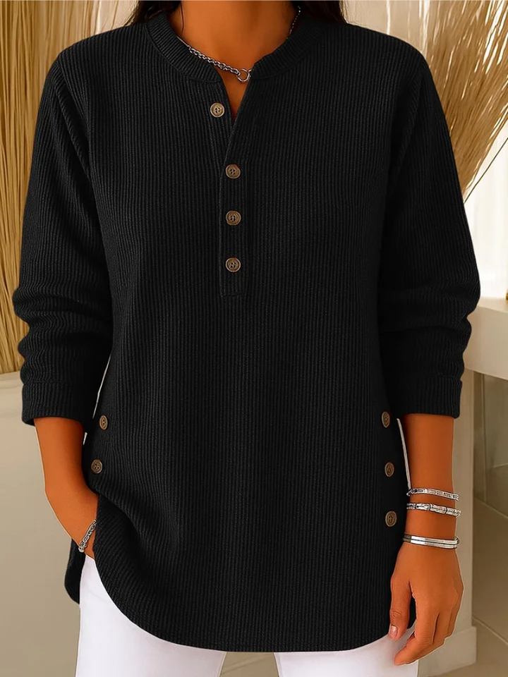 Jersey de mujer de algodón transpirable para verano, con detalles de botones en las costuras y cuello acanalado.