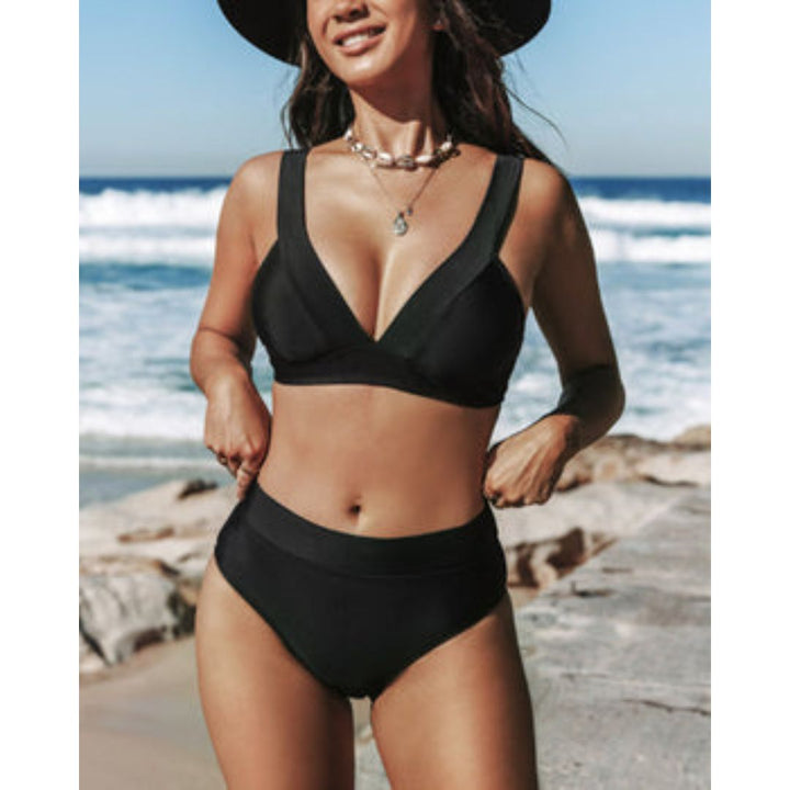 Bikini de verano con estilo liso, top triangular y braga moldeadora de cintura alta para mujer.