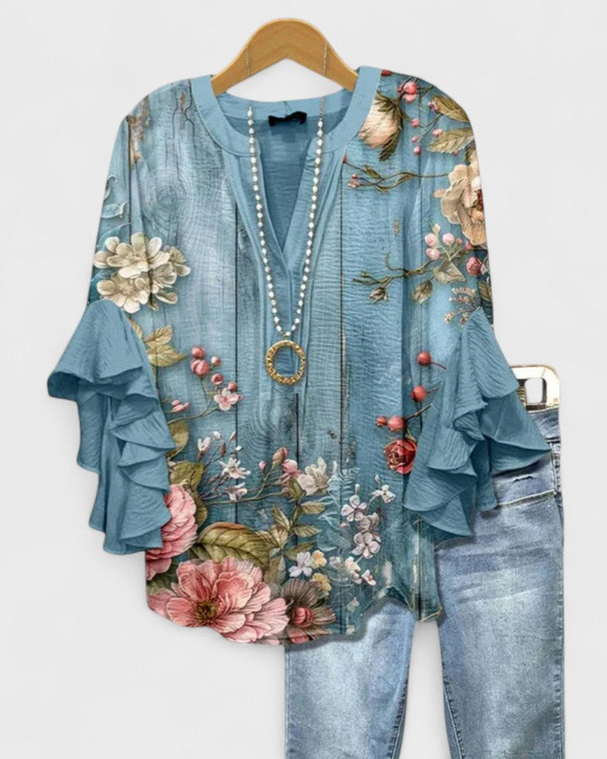 Blusa floral para mujer con cuello en V, estilo veraniego, fresca y cómoda para cualquier ocasión.