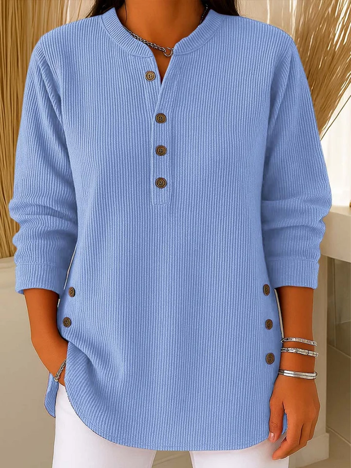 Jersey de mujer casual de algodón acanalado con botones decorativos en las mangas, ideal para verano.