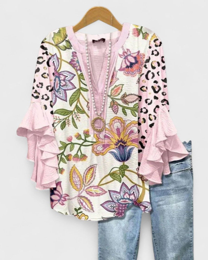 Blusa ligera floral para mujer con escote V, ideal para un estilo fresco y cómodo de verano.