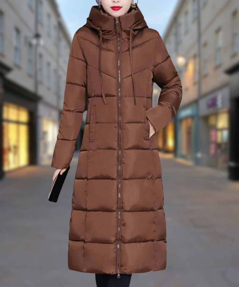 Abrigo elegante de mujer. Chaqueta de invierno larga con estilo y corte moderno, perfecto para el frío.