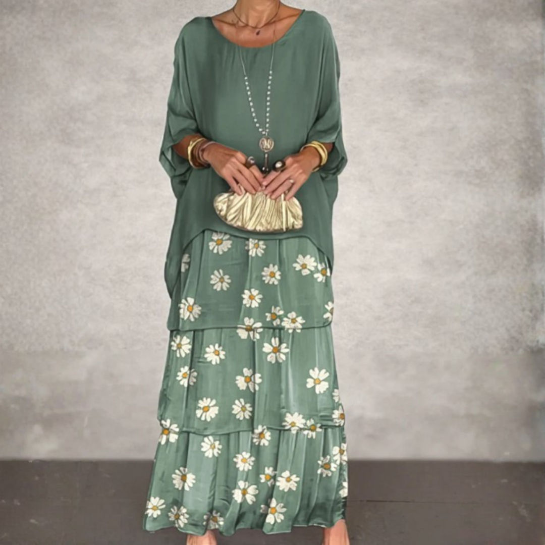 Vestido largo fluido Lourdes, elegante para mujer, perfecto para primavera y verano, estilo moderno.