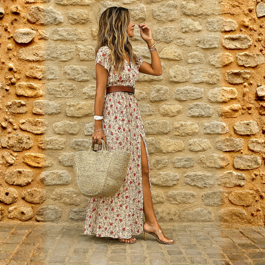 Vestido largo bohemio fluido Noelia para mujer. Ideal para verano y vacaciones, ligero y elegante.
