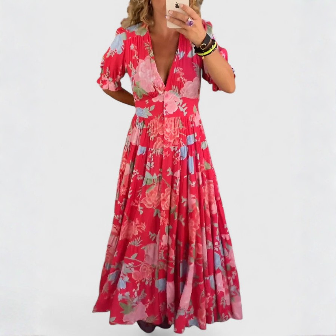 Vestido floral para mujer con cuello V, estampado vibrante. Ideal para primavera y verano, elegante y cómodo.