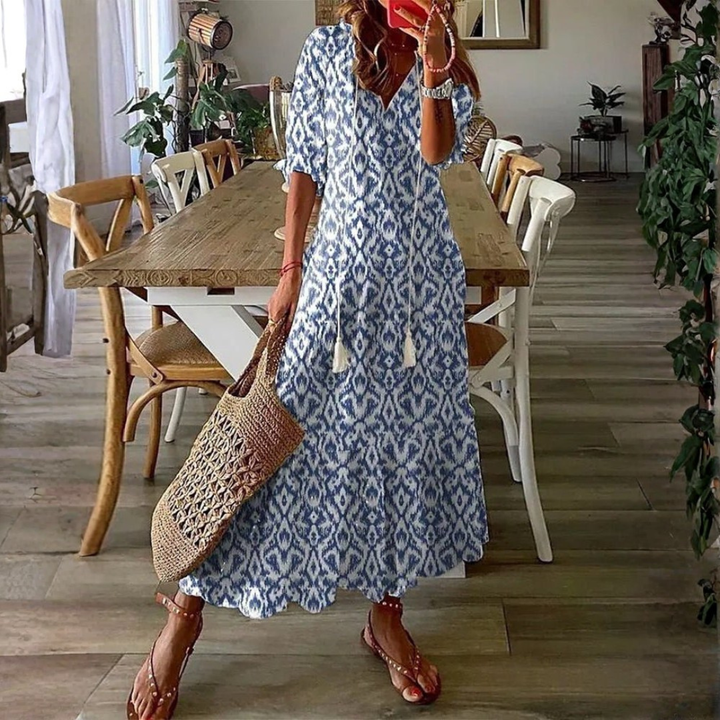Vestido midi boho para mujer, estampado floral, estilo relajado y cómodo, ideal para verano casual.