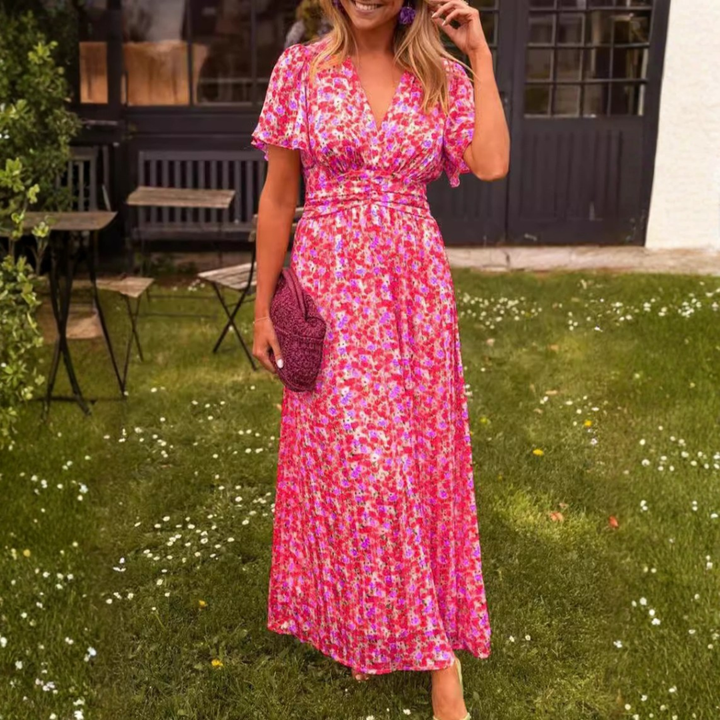 Vestido largo fluido floral para mujer, ideal para verano y primavera. Estilo cómodo y versátil.