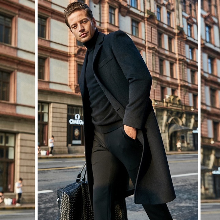 Abrigo largo gris para hombre, estilo atemporal, perfecto para atuendos formales y semi-formales de invierno.