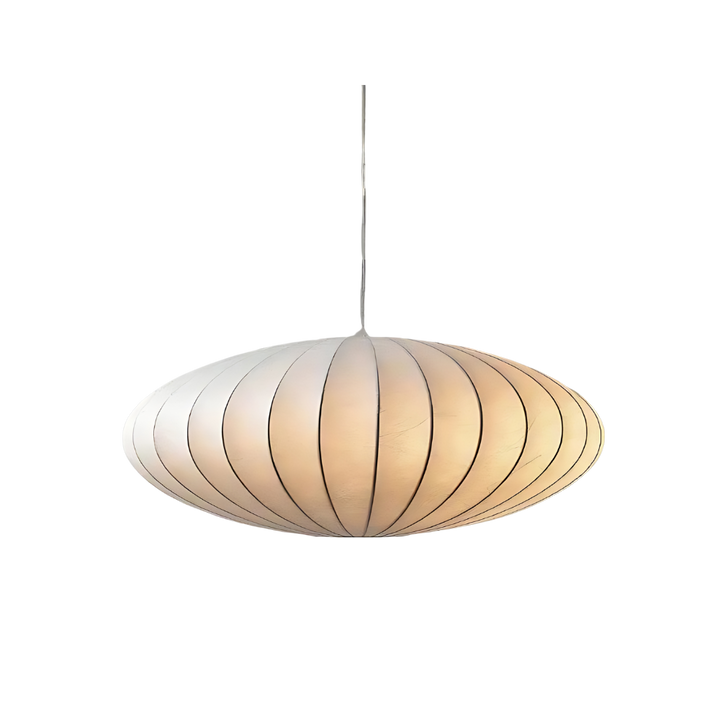 Lámpara colgante de seda sintética, diseño moderno para iluminación ambiente suave en dormitorio o salón.
