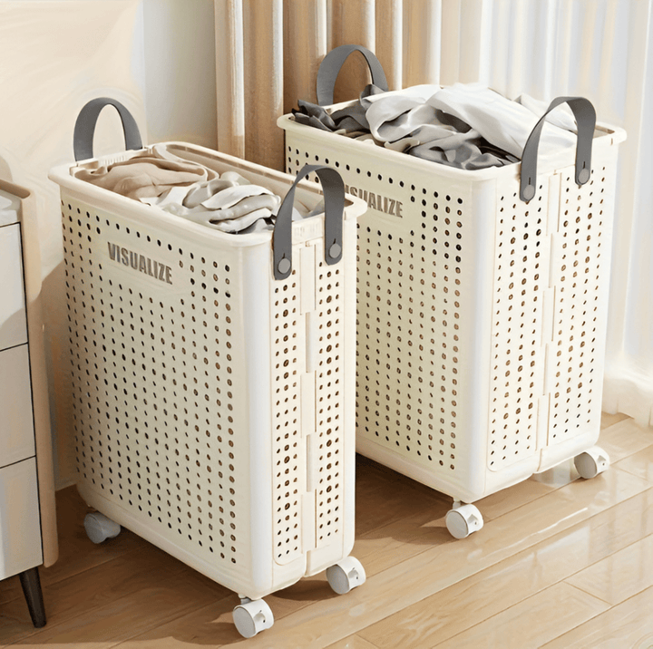Cesta de ropa plegable con ruedas, ideal para lavandería y organización eficiente del hogar.