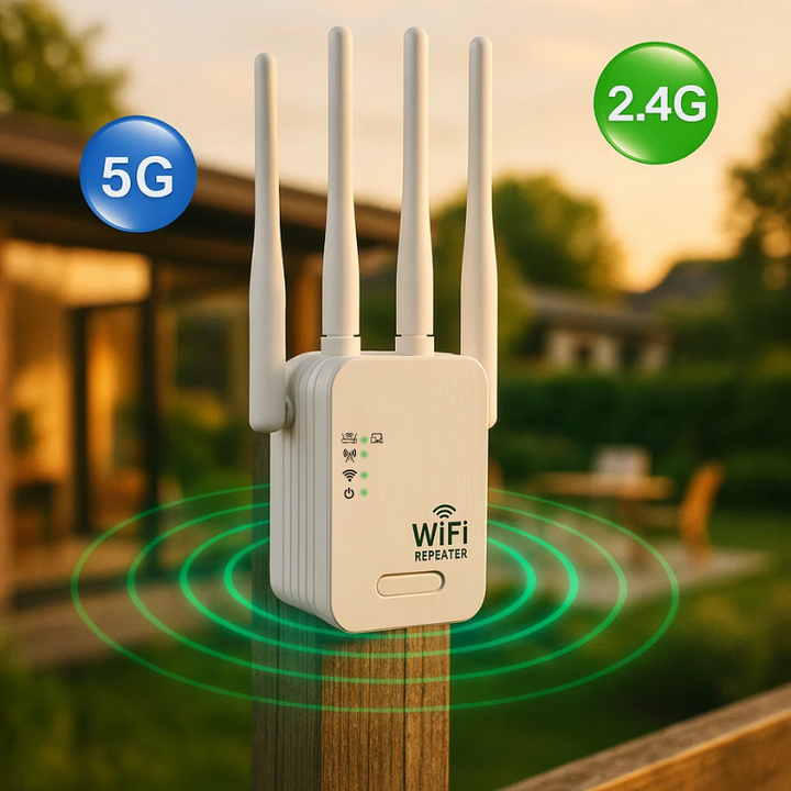Extensor WiFi exterior doble banda 1200 Mbps compacto para ampliar la cobertura de internet en redes al aire libre.