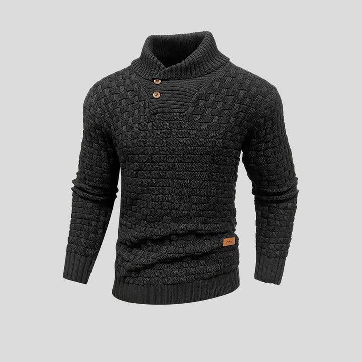 Suéter de hombre de punto con cuello de botones, textura distintiva. Ideal moda masculina casual invierno.