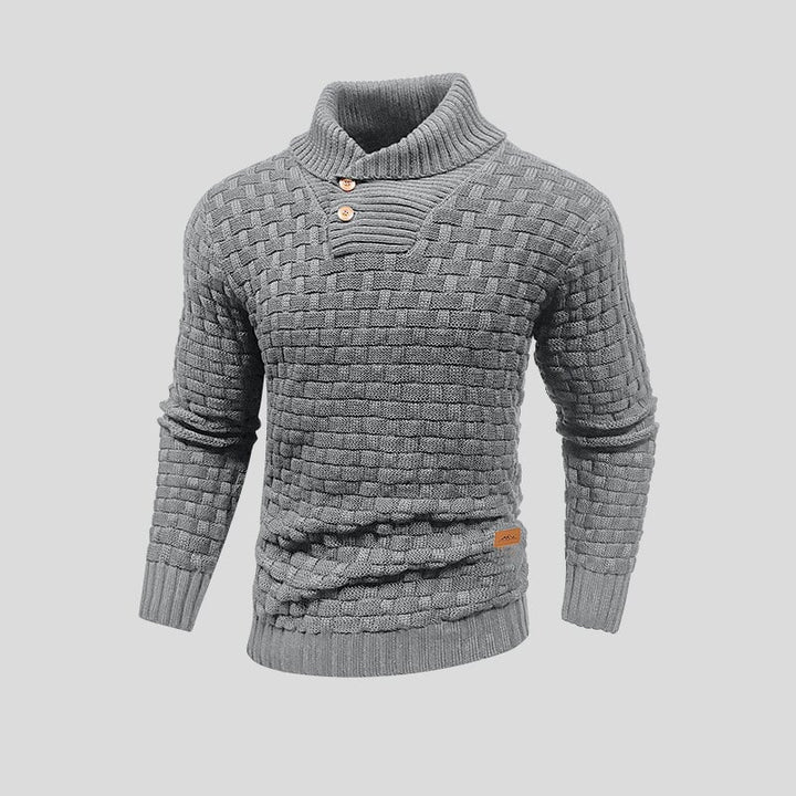 Suéter de punto masculino con distintivo cuello de botones. Ropa de invierno casual, cómoda y con estilo.