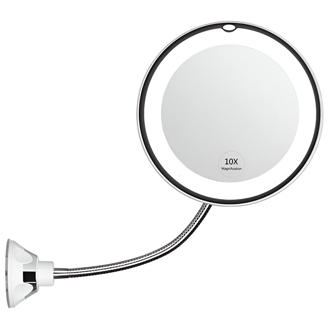 Espejo LED portátil para maquillaje con aumento 10X y ventosa. Ideal para precisión en cuidado facial y belleza.