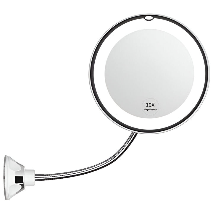 Espejo LED portátil para maquillaje con aumento 10X y ventosa. Ideal para precisión en cuidado facial y belleza.