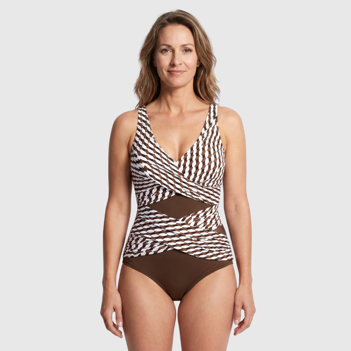Traje de baño moldeador elegante para mujer con escote en V, perfecto para piscina y playa.