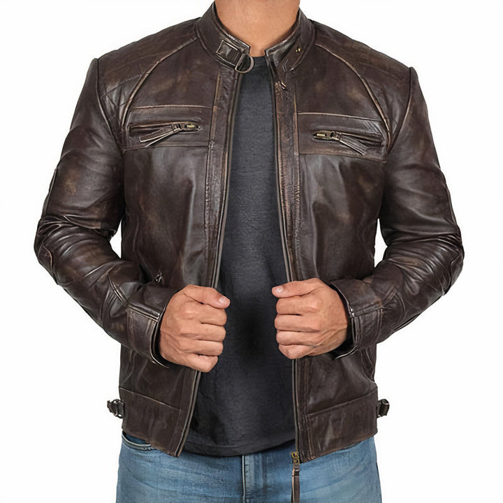 Cazadora motera ARVID para hombre, estilo audaz, con bolsillos de cremallera. Perfecta para moda urbana de otoño/invierno.