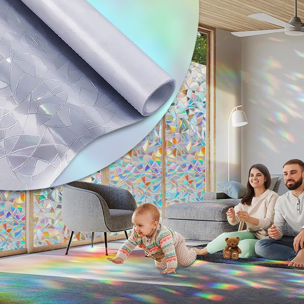 Película mágica PrismaGlow transforma luz solar en arcoíris. Ofrece privacidad y estilo para ventanas, sin adhesivo.