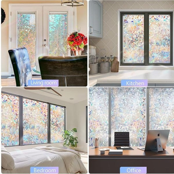 Vinilo ventana sin pegamento, fácil instalación. Aporta privacidad, decoración arcoíris y protección UV. Material PVC.