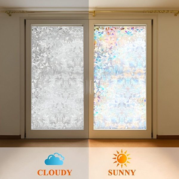 Detalle del efecto arcoíris en la película de ventana PrismaGlow. Ofrece privacidad, bloqueo UV sin pegamento.