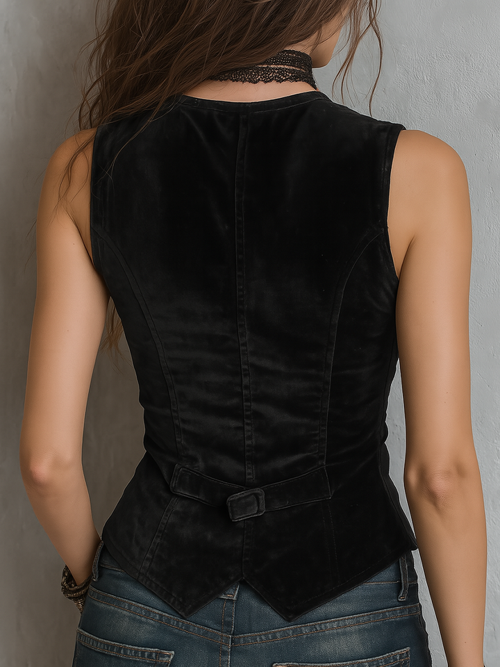 Chaleco de terciopelo negro sin mangas para mujer, con escote en V y botones plateados. Perfecto para look de noche o fiesta.