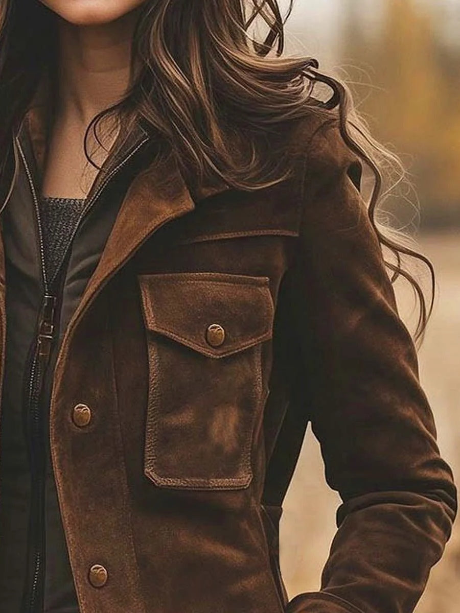 Modelo de chaqueta de gamuza color marrón para mujer. Prenda casual y elegante, perfecta para el otoño.