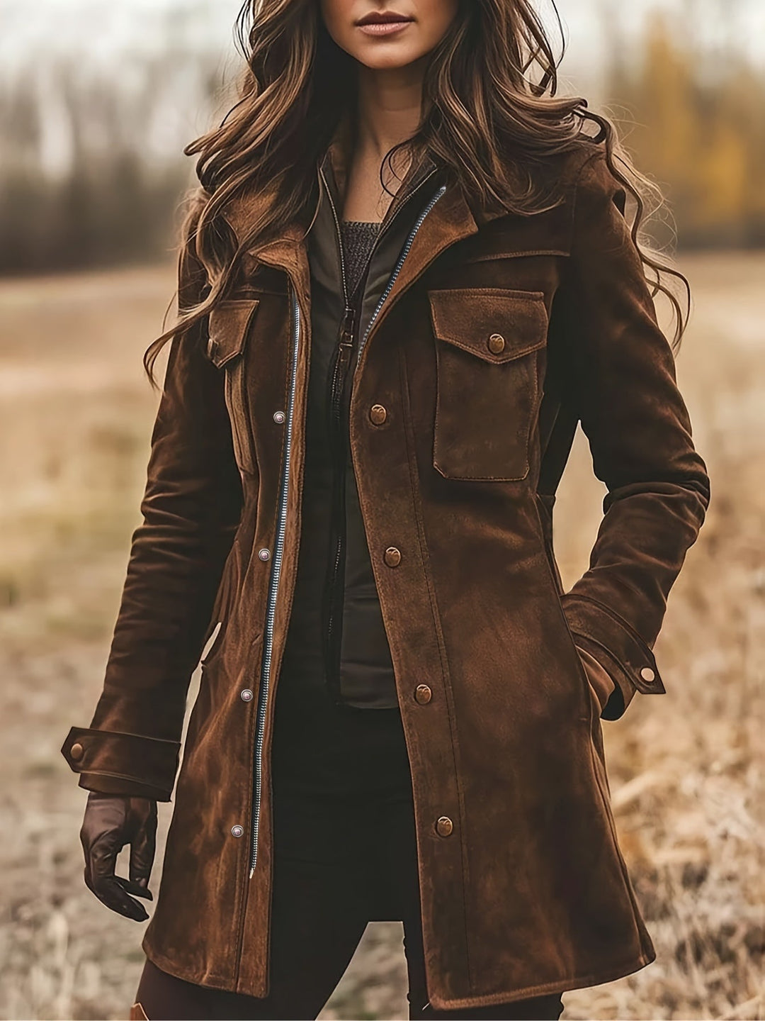 Chaqueta de gamuza marrón para mujer, estilo casual elegante de manga larga. Ideal para moda de otoño y primavera.