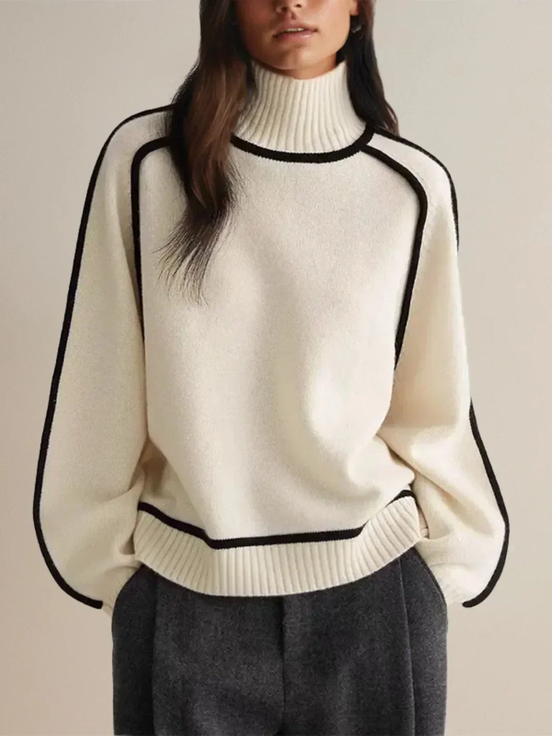 Elegante jersey de cuello alto para mujer, de punto. Con cinturón que realza la figura. Estilo casual chic.