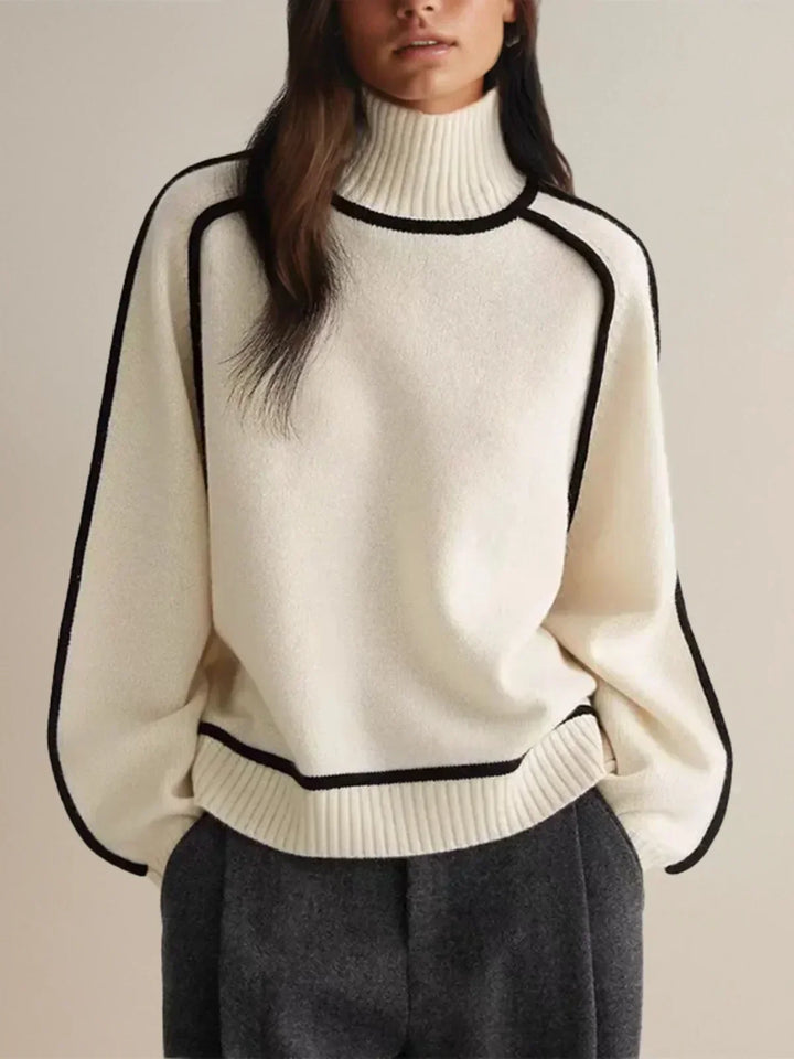 Elegante jersey de cuello alto para mujer, de punto. Con cinturón que realza la figura. Estilo casual chic.