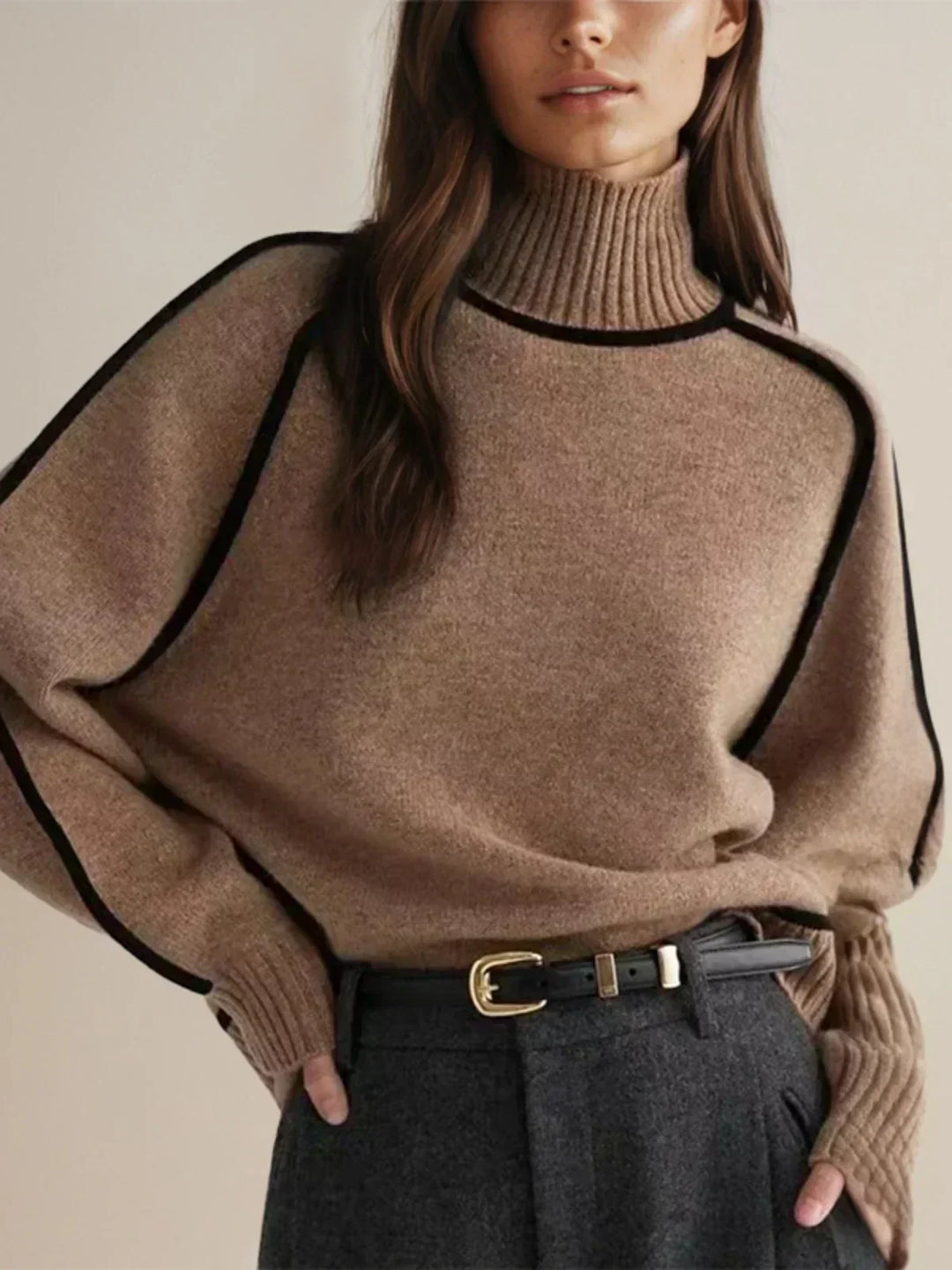 Cómodo jersey de punto cuello alto para mujer con cinturón. Ideal para un estilo casual y abrigador en otoño.