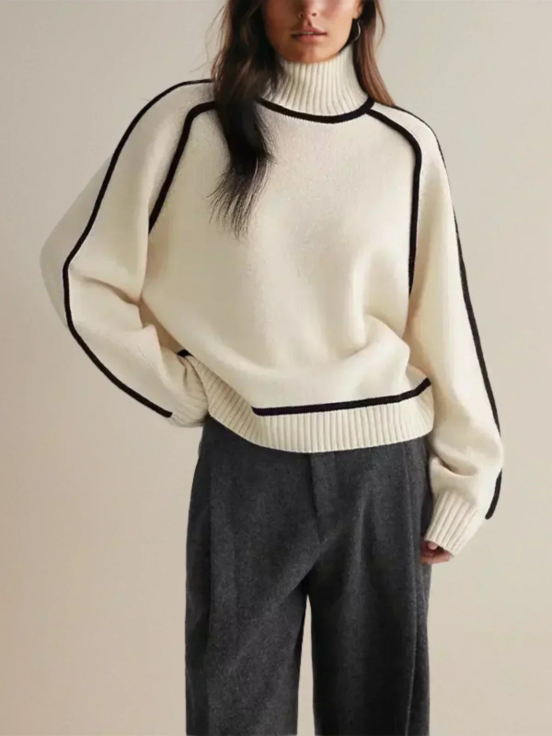 Versátil jersey de cuello alto de punto para mujer, con cinturón. Estilo casual y elegante para otoño/invierno.