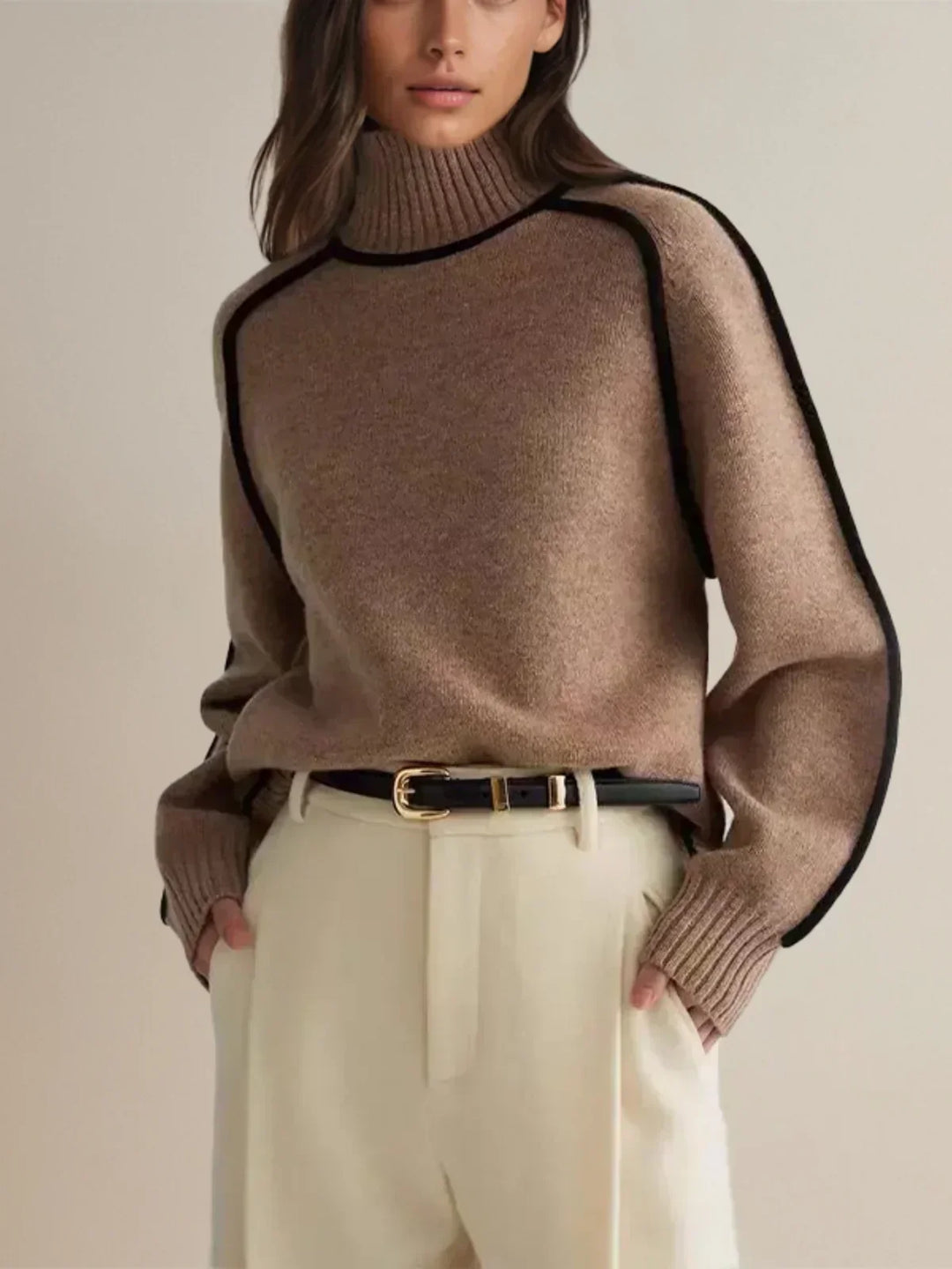 Jersey de punto cuello alto para mujer, con cinturón elegante. Ideal para otoño/invierno, abrigador y chic.