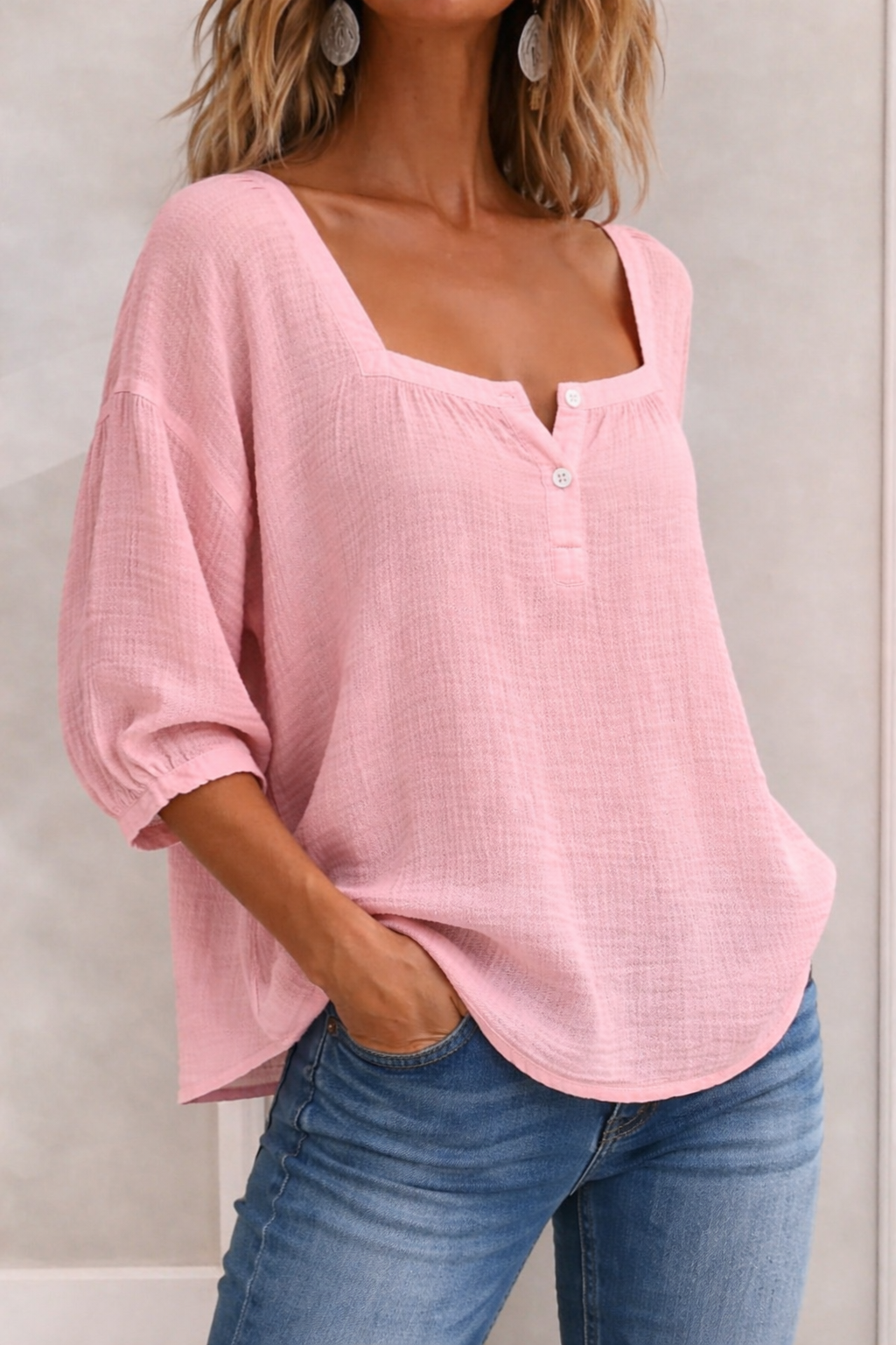 Blusa de mujer en varios colores, cuello cuadrado y mangas 3/4. Prenda cómoda para verano.