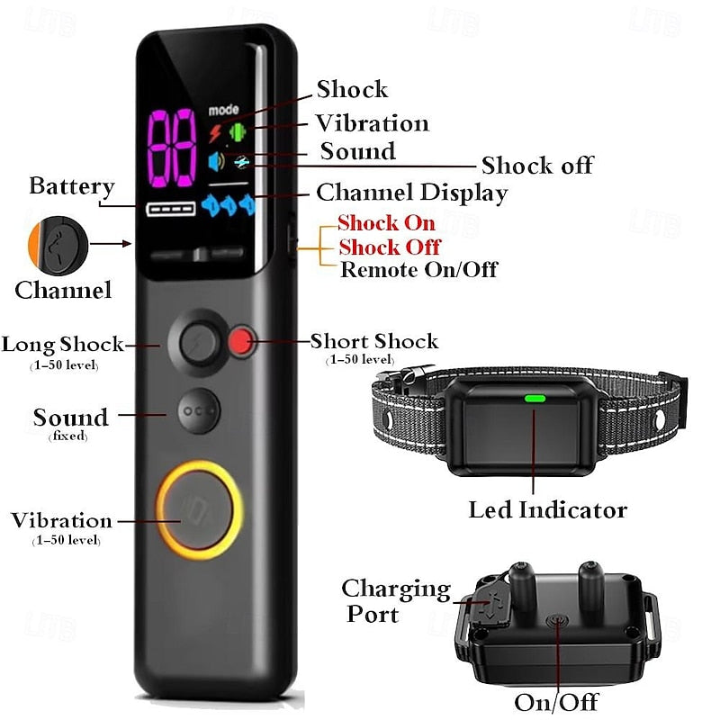 Mando de control remoto para collar de adiestramiento de perros, con gran alcance e interfaz intuitiva.