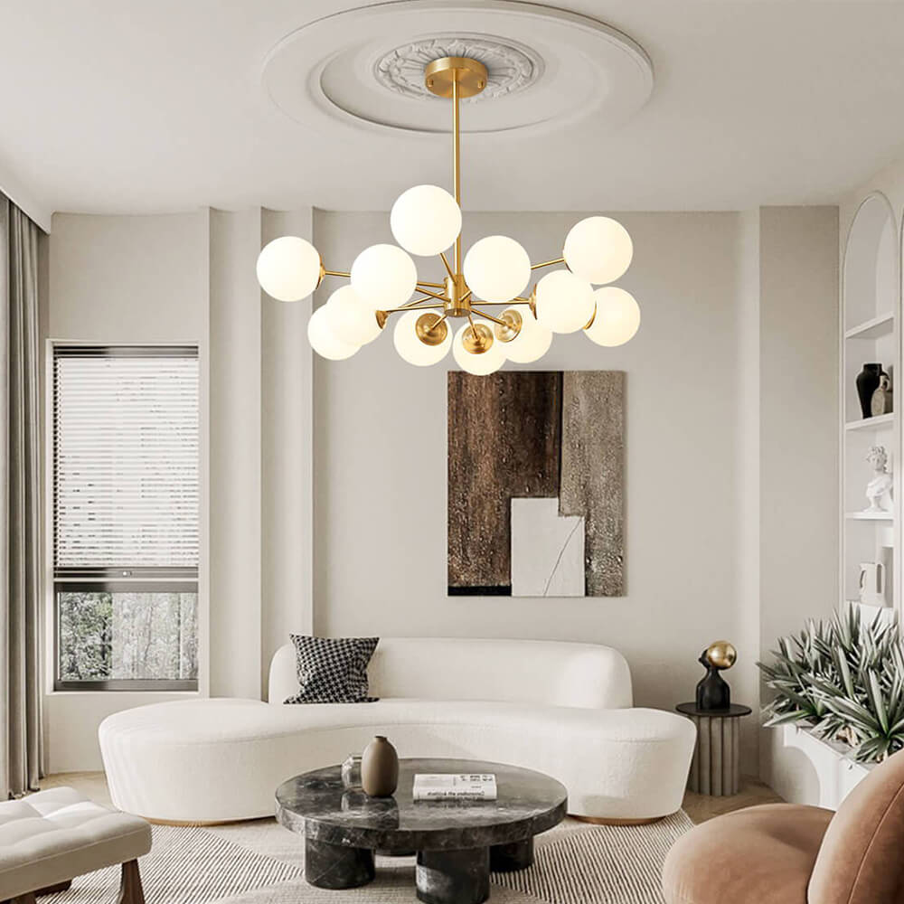 Iluminación Sputnik de techo, 12 globos de cristal. Estilo Mid-Century para decoración elegante.