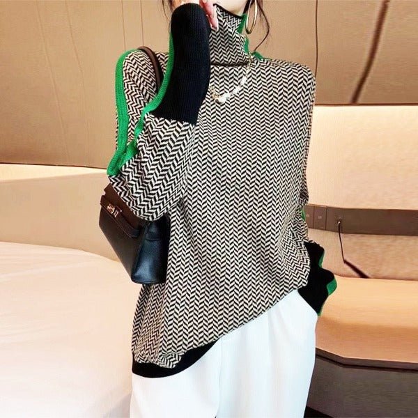 Moda femenina: suéter de punto texturizado, diseño moderno y cuello alto, perfecto para otoño invierno.