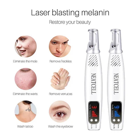 Kit láser picosegundos con accesorios para un tratamiento eficaz y personalizado de manchas y tatuajes.