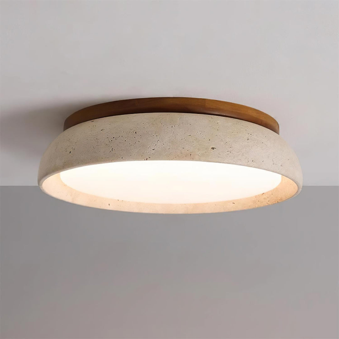 Foco de techo de madera y travertino. Iluminación LED de diseño moderno y luz cálida.