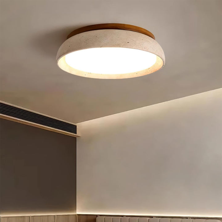 Lámpara de techo para salón. LED de travertino y madera, ofrece iluminación natural y luz cálida.