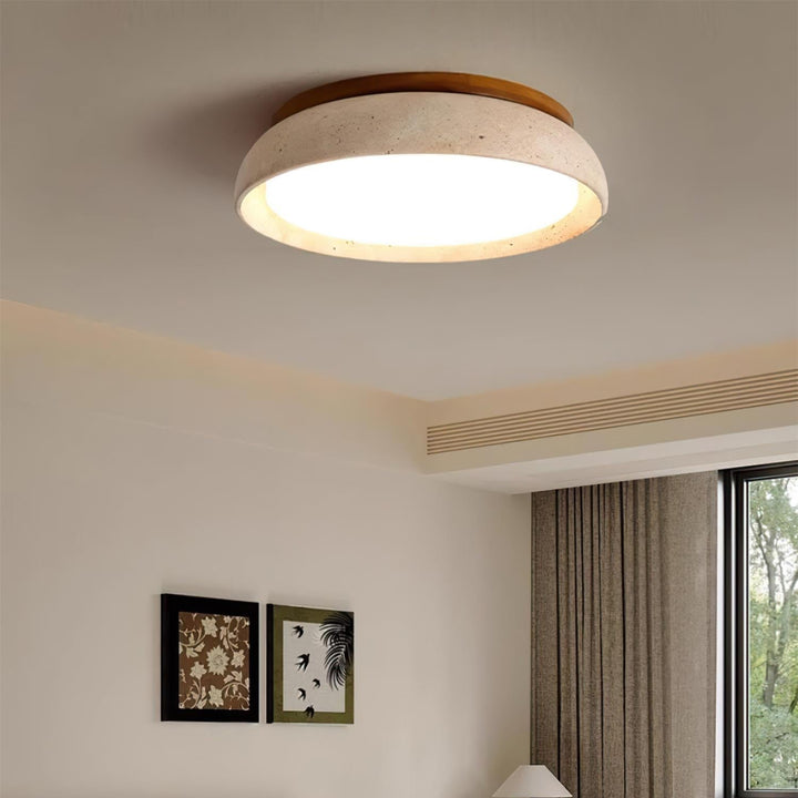 Foco de techo LED de diseño. Travertino y madera, regulable para ambiente acogedor en dormitorio.