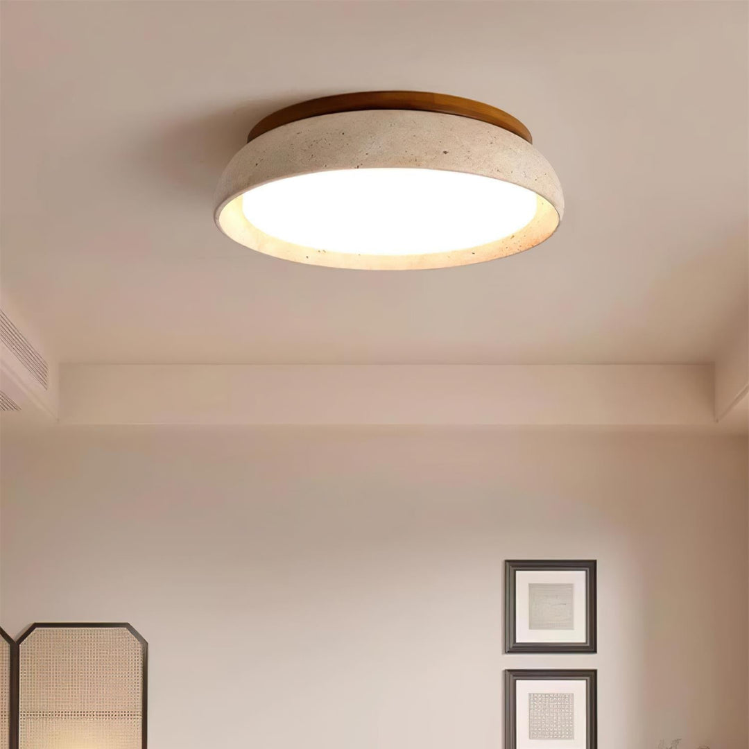Lámpara de techo moderna de travertino y madera. LED regulable para comedor o dormitorio.