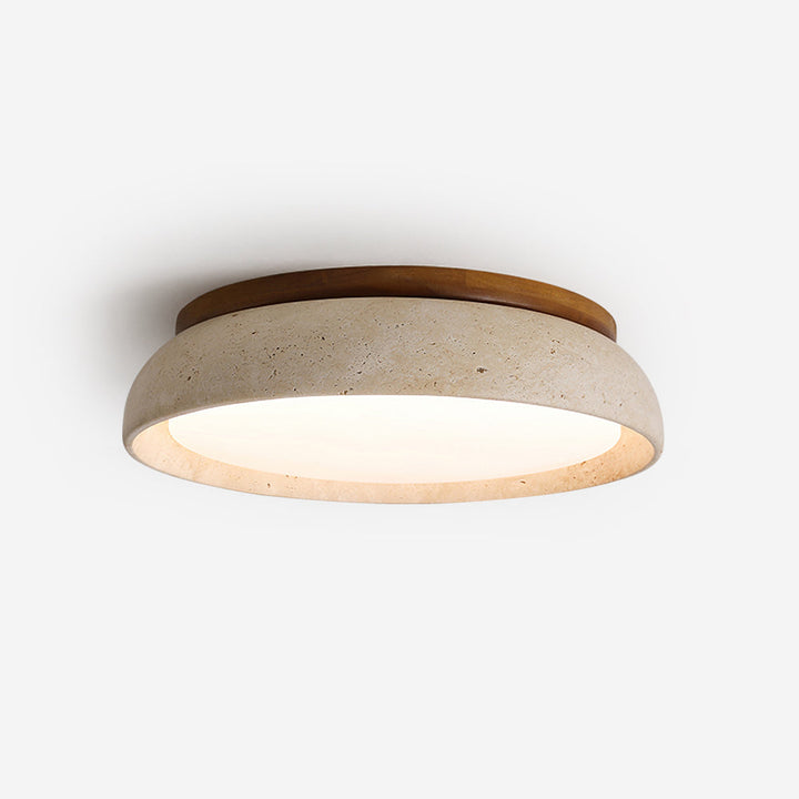 Lámpara de techo LED de travertino y madera natural. Diseño moderno para salón y dormitorio.