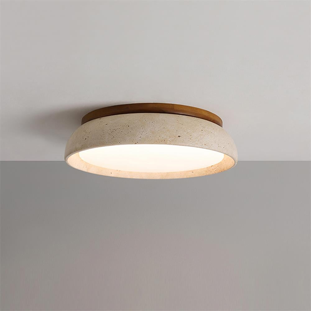 Lámpara de techo moderna. Travertino y madera natural, con LED de luz cálida para comedor.