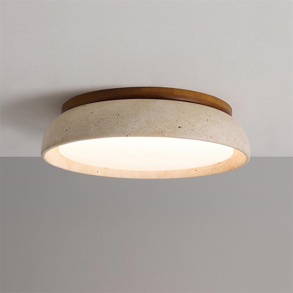 Lámpara de techo de madera y travertino. Foco LED regulable con luz cálida para el hogar.